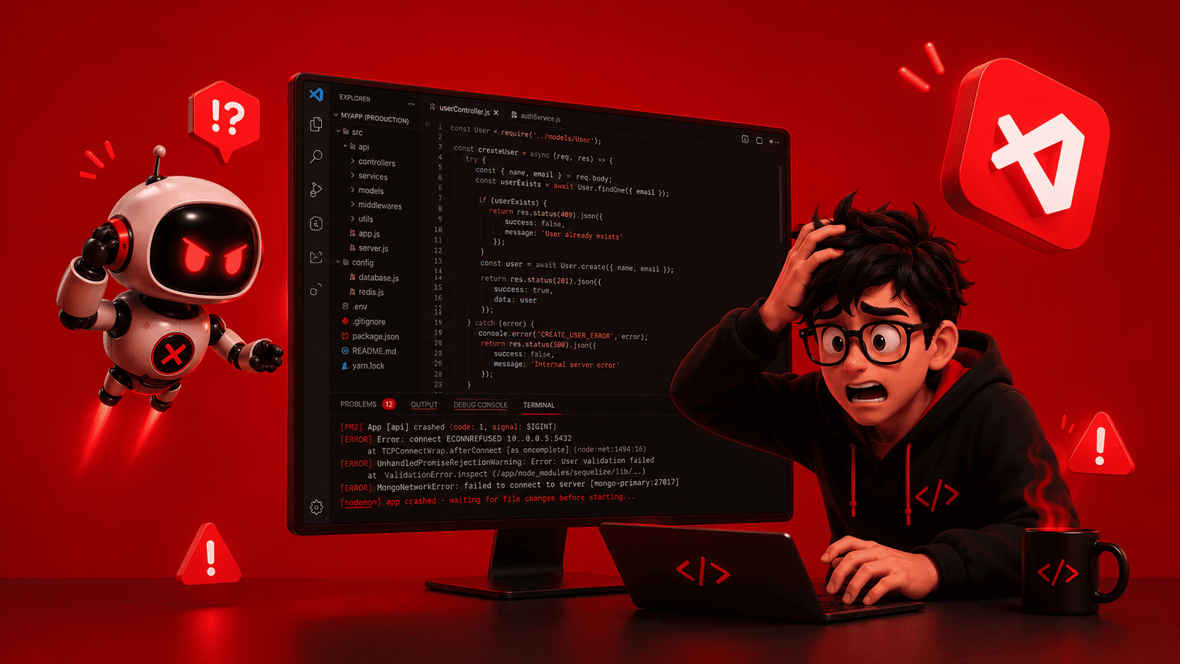 Illustration of a developer facing production errors from AI-generated code