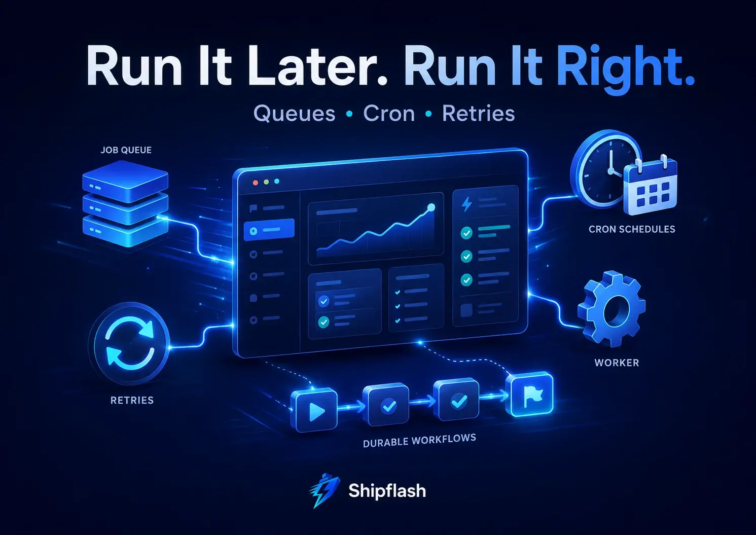 Next.js request, Next.js SaaS dashboard connected to job queues, cron schedules, retries, workers, and durable workflows. branching into synchronous tasks, cron jobs, durable queues, retries, and background workflows