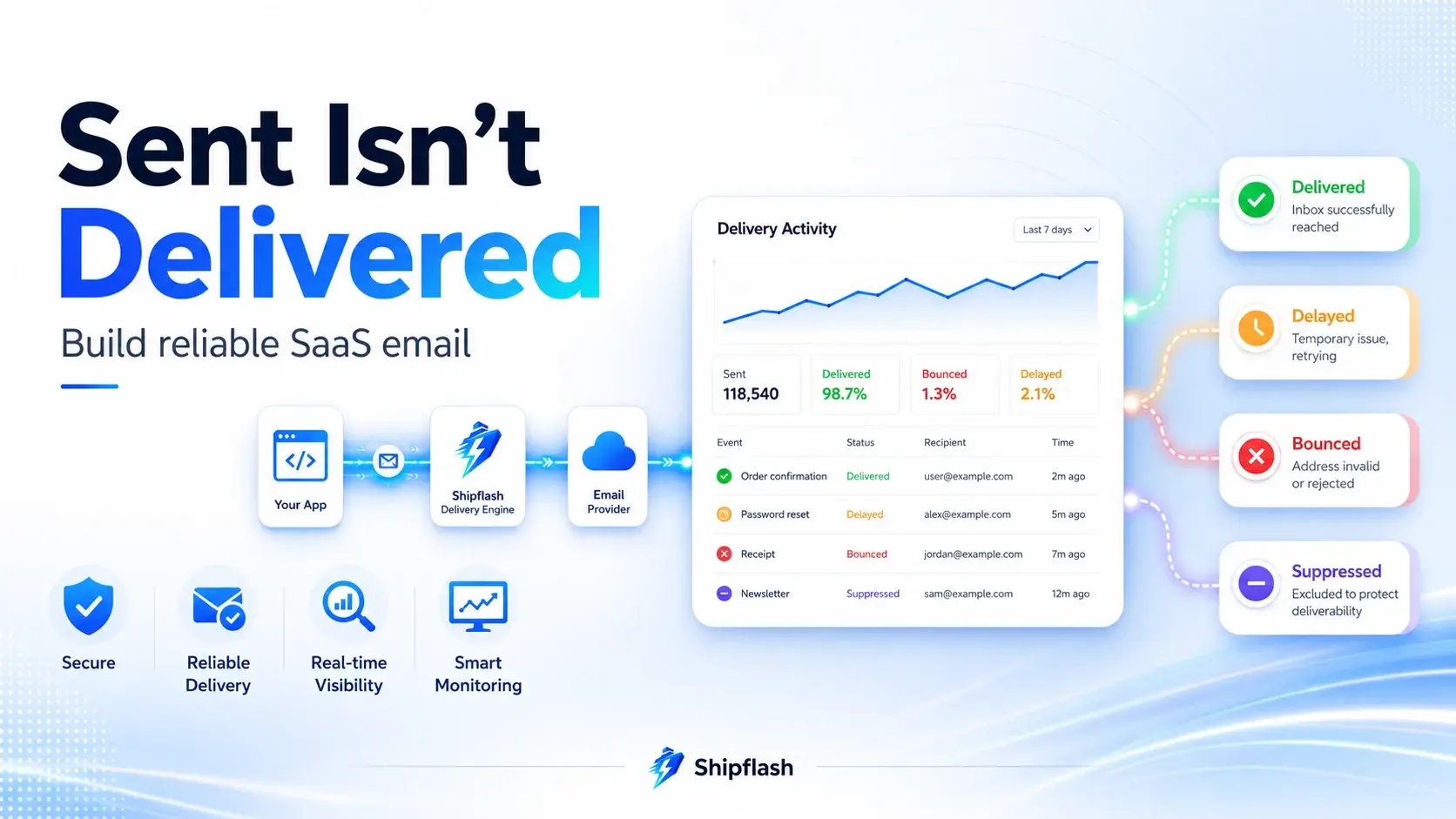 Transactional email dashboard showing delivered, delayed, bounced, and suppressed SaaS email outcomes.