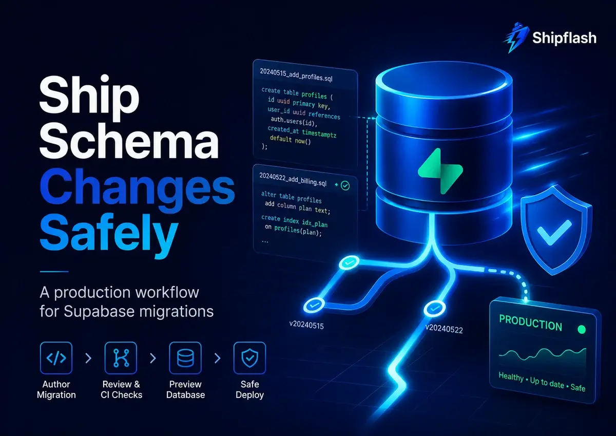 Shipflash illustration showing a safe Supabase database migration workflow from reviewed SQL changes to a healthy production deployment