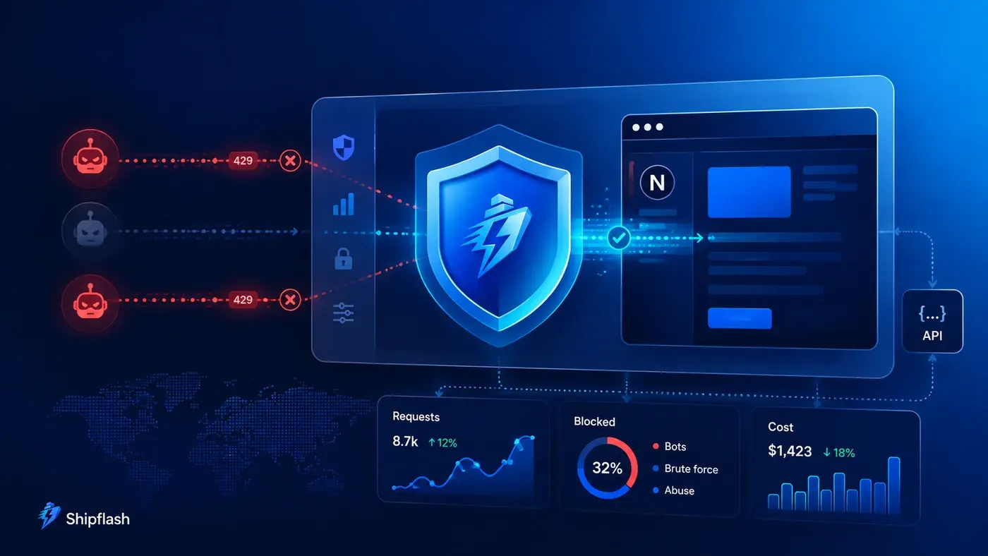 Shipflash shield blocking bot and brute-force traffic before it reaches a Next.js SaaS application and API.
