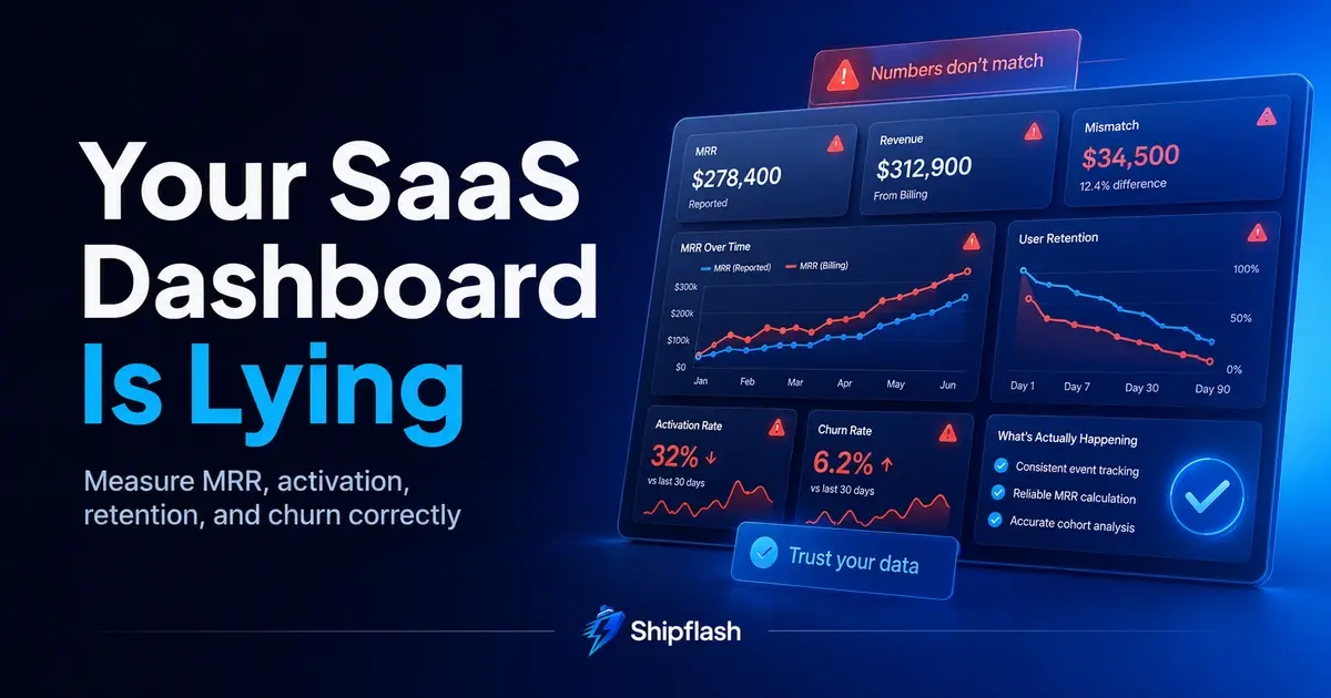 Shipflash SaaS analytics dashboard showing mismatched MRR, revenue, activation, retention, and churn metrics