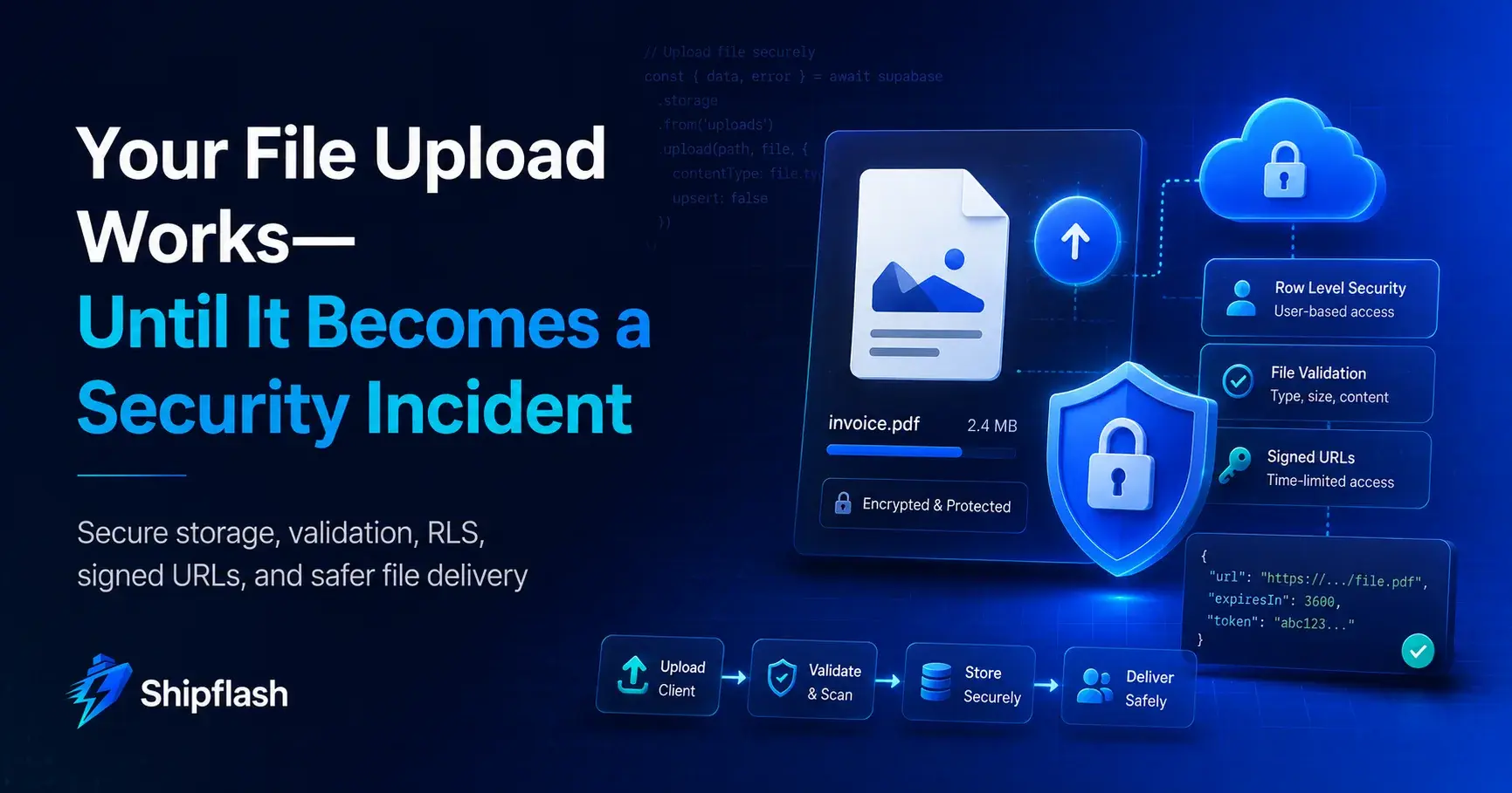 Secure file upload architecture for Next.js and Supabase with validation, RLS, private storage, and signed URLs