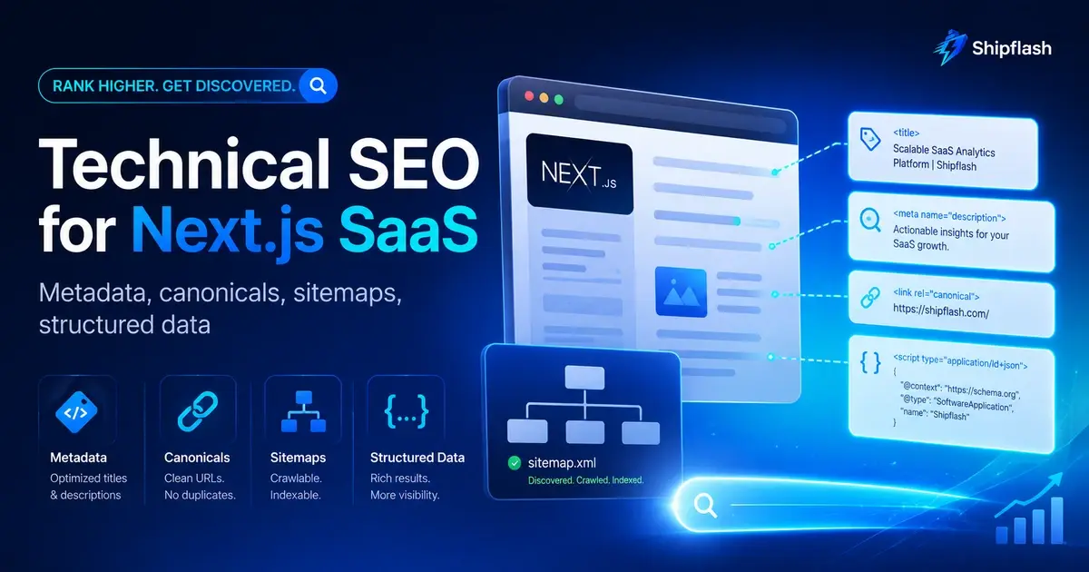 Technical SEO for Next.js SaaS showing metadata, canonical URLs, sitemaps, and structured data