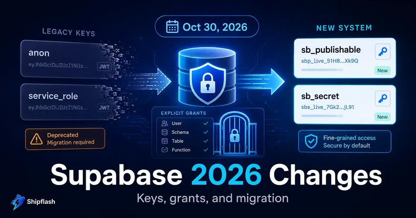 Supabase 2026 migration from legacy API keys to publishable and secret keys with explicit database grants